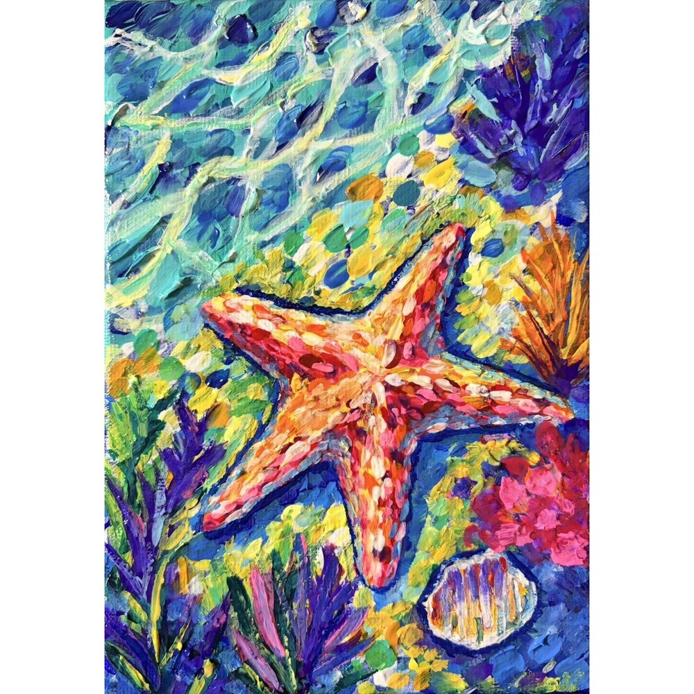 Original Starfish Acrylic Painting Ocean Coastal Art 5x7 Canvas Star of Tides